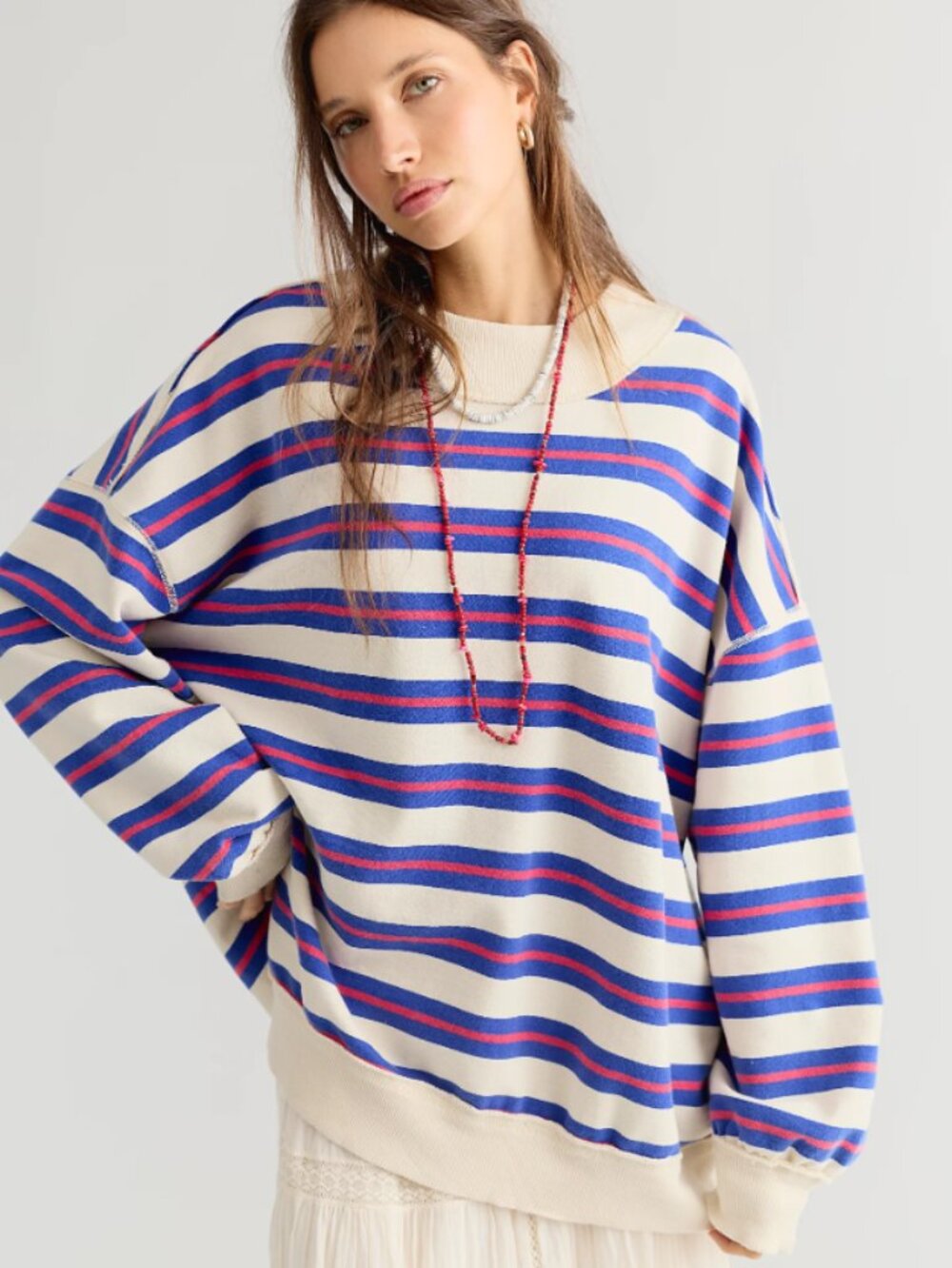 (MER-12) Free People Palm Springs Striped Pullover In Ivory Combo